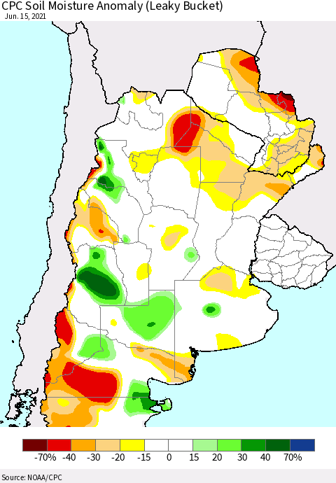 Southern South America CPC Soil Moisture Anomaly (Leaky Bucket) Thematic Map For 6/11/2021 - 6/15/2021