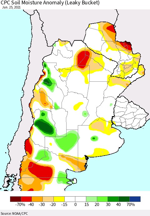 Southern South America CPC Soil Moisture Anomaly (Leaky Bucket) Thematic Map For 6/21/2021 - 6/25/2021