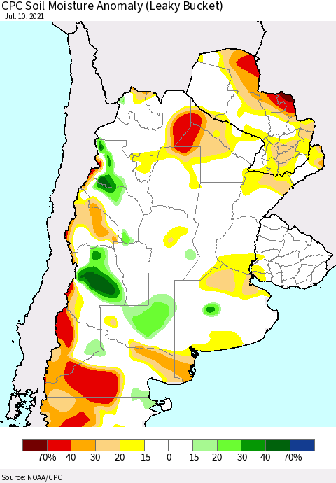 Southern South America CPC Soil Moisture Anomaly (Leaky Bucket) Thematic Map For 7/6/2021 - 7/10/2021