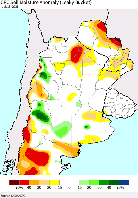 Southern South America CPC Soil Moisture Anomaly (Leaky Bucket) Thematic Map For 7/11/2021 - 7/15/2021