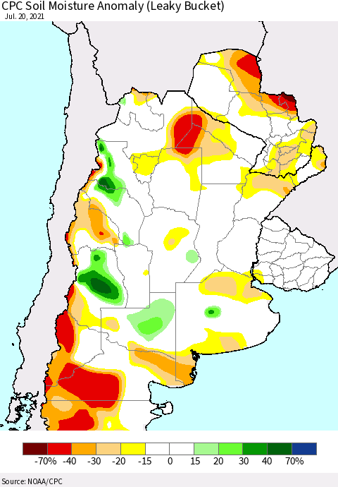 Southern South America CPC Soil Moisture Anomaly (Leaky Bucket) Thematic Map For 7/16/2021 - 7/20/2021
