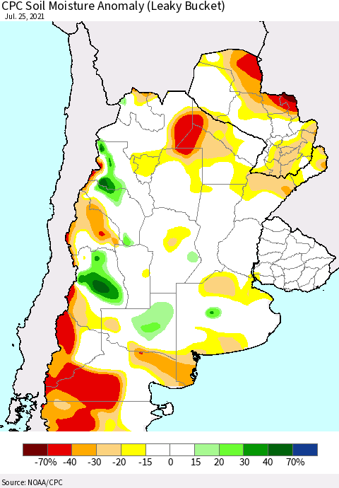 Southern South America CPC Soil Moisture Anomaly (Leaky Bucket) Thematic Map For 7/21/2021 - 7/25/2021