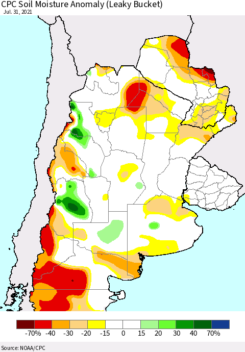 Southern South America CPC Soil Moisture Anomaly (Leaky Bucket) Thematic Map For 7/26/2021 - 7/31/2021