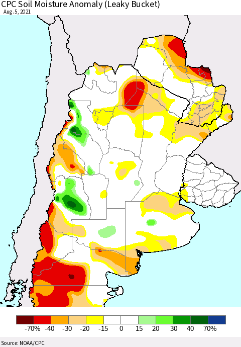 Southern South America CPC Soil Moisture Anomaly (Leaky Bucket) Thematic Map For 8/1/2021 - 8/5/2021