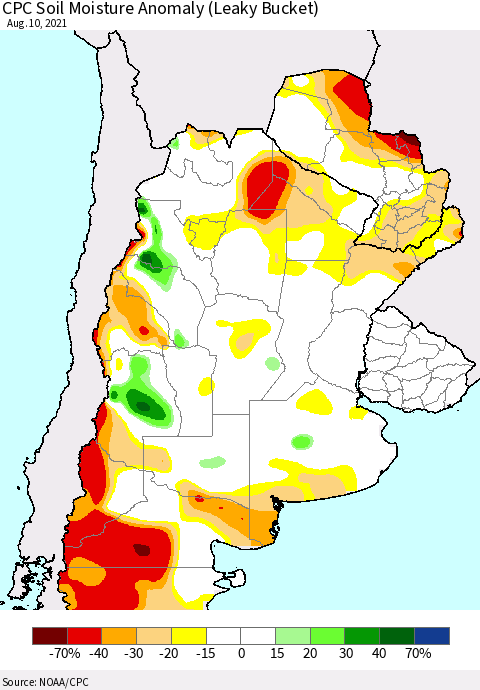 Southern South America CPC Soil Moisture Anomaly (Leaky Bucket) Thematic Map For 8/6/2021 - 8/10/2021