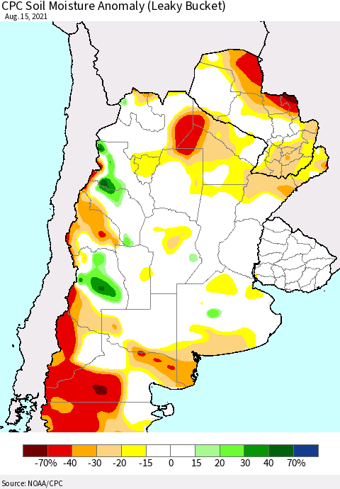 Southern South America CPC Soil Moisture Anomaly (Leaky Bucket) Thematic Map For 8/11/2021 - 8/15/2021