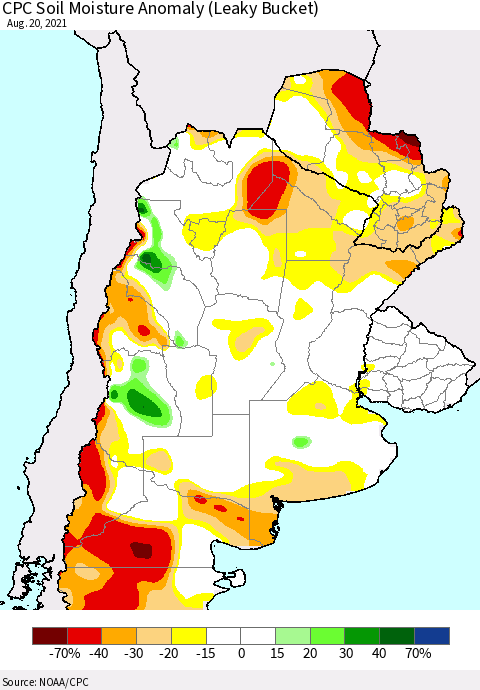 Southern South America CPC Soil Moisture Anomaly (Leaky Bucket) Thematic Map For 8/16/2021 - 8/20/2021
