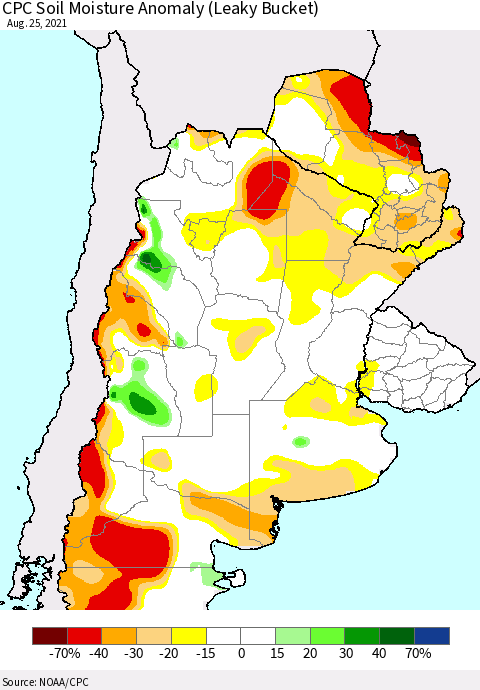 Southern South America CPC Soil Moisture Anomaly (Leaky Bucket) Thematic Map For 8/21/2021 - 8/25/2021