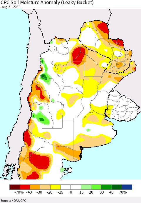 Southern South America CPC Soil Moisture Anomaly (Leaky Bucket) Thematic Map For 8/26/2021 - 8/31/2021