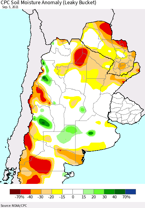 Southern South America CPC Soil Moisture Anomaly (Leaky Bucket) Thematic Map For 9/1/2021 - 9/5/2021