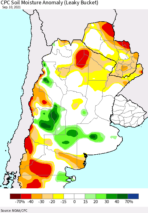Southern South America CPC Soil Moisture Anomaly (Leaky Bucket) Thematic Map For 9/6/2021 - 9/10/2021