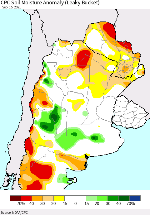 Southern South America CPC Soil Moisture Anomaly (Leaky Bucket) Thematic Map For 9/11/2021 - 9/15/2021