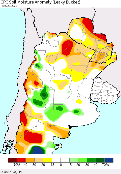 Southern South America CPC Soil Moisture Anomaly (Leaky Bucket) Thematic Map For 9/16/2021 - 9/20/2021