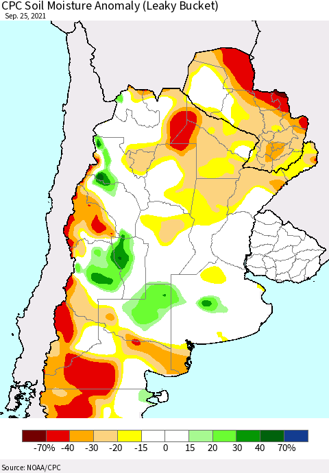 Southern South America CPC Soil Moisture Anomaly (Leaky Bucket) Thematic Map For 9/21/2021 - 9/25/2021