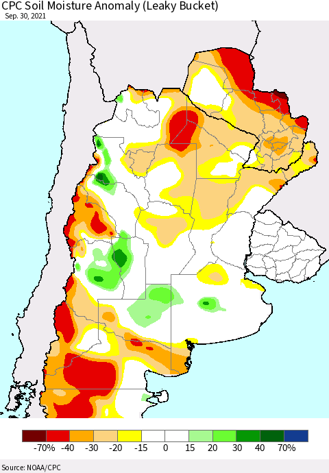 Southern South America CPC Soil Moisture Anomaly (Leaky Bucket) Thematic Map For 9/26/2021 - 9/30/2021