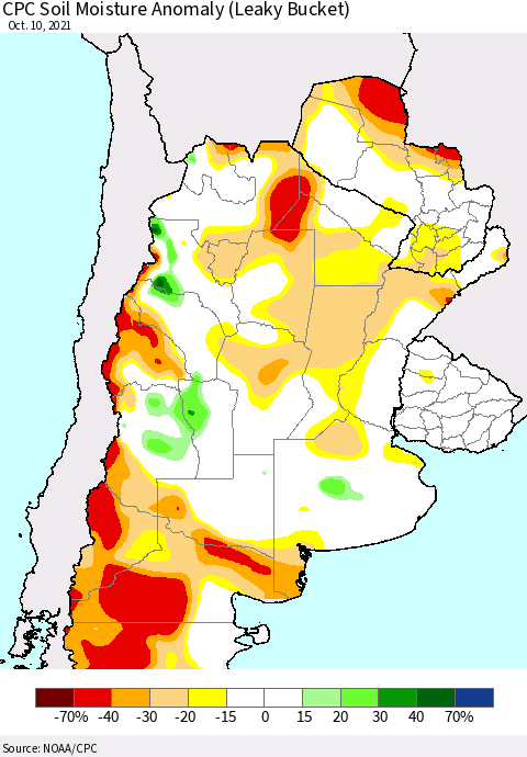 Southern South America CPC Soil Moisture Anomaly (Leaky Bucket) Thematic Map For 10/6/2021 - 10/10/2021