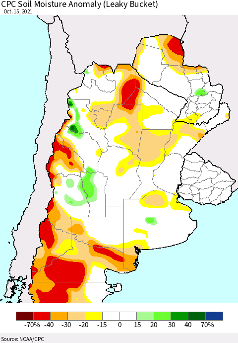 Southern South America CPC Soil Moisture Anomaly (Leaky Bucket) Thematic Map For 10/11/2021 - 10/15/2021