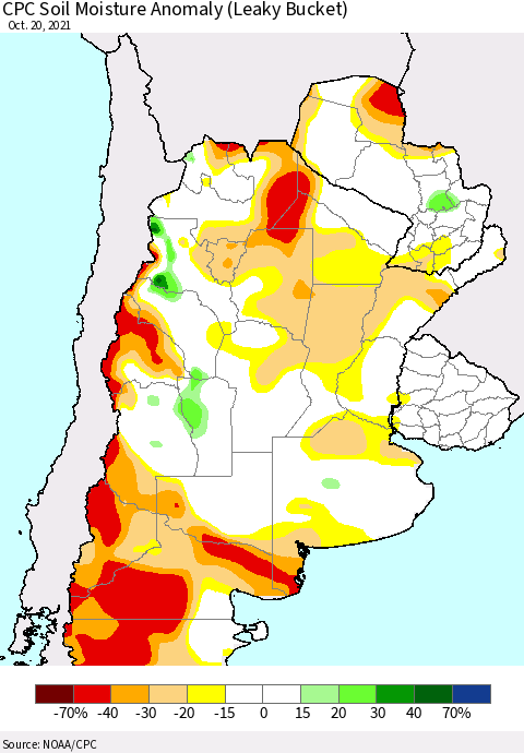 Southern South America CPC Soil Moisture Anomaly (Leaky Bucket) Thematic Map For 10/16/2021 - 10/20/2021