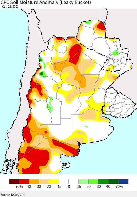 Southern South America CPC Soil Moisture Anomaly (Leaky Bucket) Thematic Map For 10/21/2021 - 10/25/2021