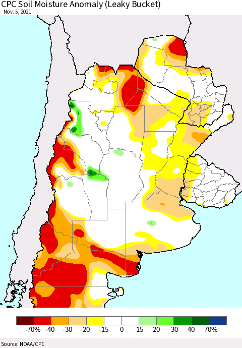 Southern South America CPC Soil Moisture Anomaly (Leaky Bucket) Thematic Map For 11/1/2021 - 11/5/2021