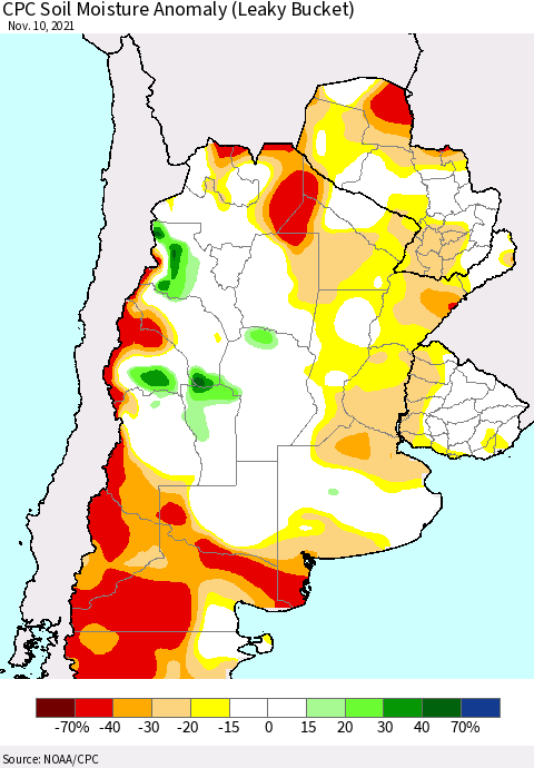 Southern South America CPC Soil Moisture Anomaly (Leaky Bucket) Thematic Map For 11/6/2021 - 11/10/2021