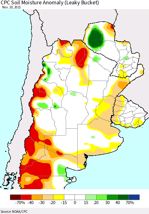 Southern South America CPC Soil Moisture Anomaly (Leaky Bucket) Thematic Map For 11/16/2021 - 11/20/2021
