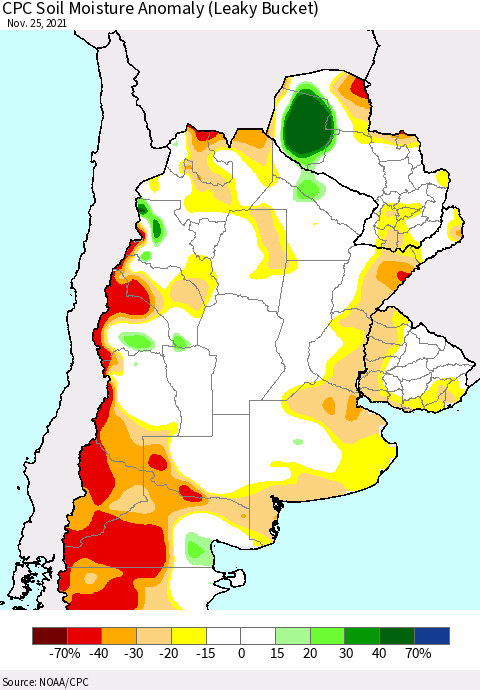 Southern South America CPC Soil Moisture Anomaly (Leaky Bucket) Thematic Map For 11/21/2021 - 11/25/2021