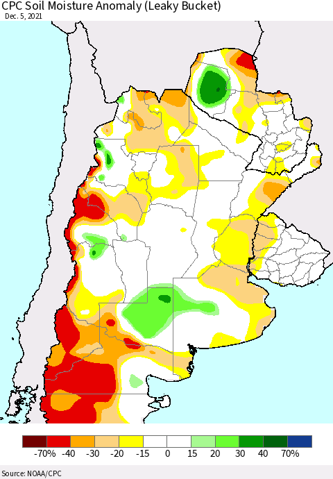Southern South America CPC Soil Moisture Anomaly (Leaky Bucket) Thematic Map For 12/1/2021 - 12/5/2021
