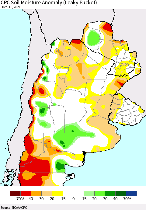 Southern South America CPC Soil Moisture Anomaly (Leaky Bucket) Thematic Map For 12/6/2021 - 12/10/2021
