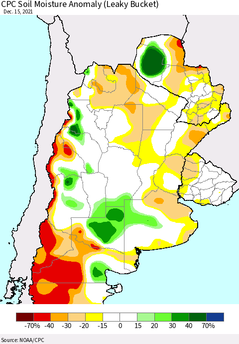 Southern South America CPC Soil Moisture Anomaly (Leaky Bucket) Thematic Map For 12/11/2021 - 12/15/2021