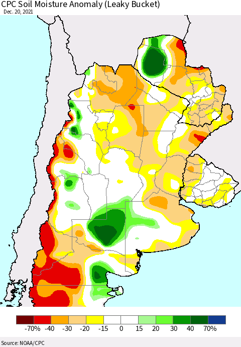 Southern South America CPC Soil Moisture Anomaly (Leaky Bucket) Thematic Map For 12/16/2021 - 12/20/2021