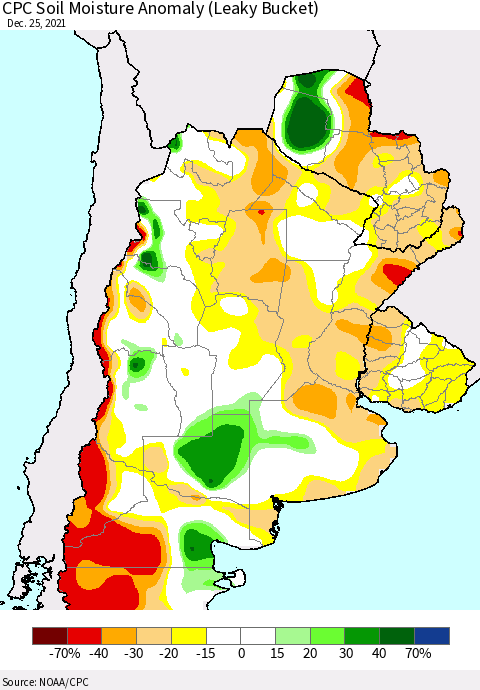 Southern South America CPC Soil Moisture Anomaly (Leaky Bucket) Thematic Map For 12/21/2021 - 12/25/2021