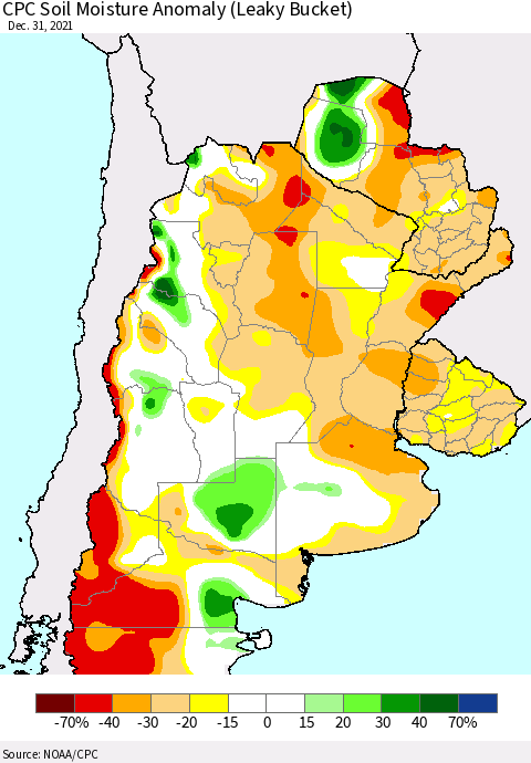 Southern South America CPC Soil Moisture Anomaly (Leaky Bucket) Thematic Map For 12/26/2021 - 12/31/2021