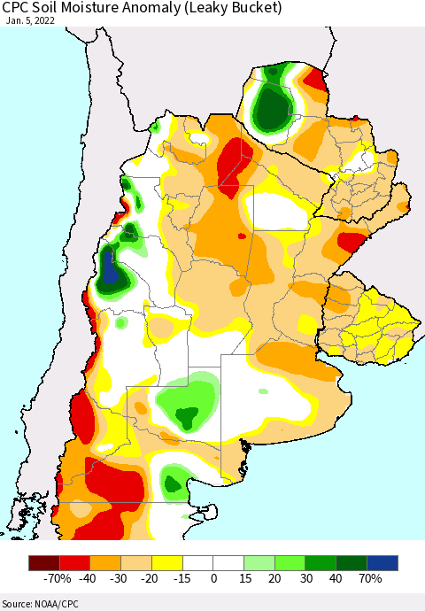 Southern South America CPC Soil Moisture Anomaly (Leaky Bucket) Thematic Map For 1/1/2022 - 1/5/2022