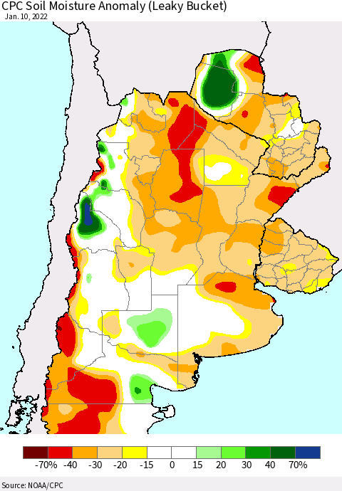 Southern South America CPC Soil Moisture Anomaly (Leaky Bucket) Thematic Map For 1/6/2022 - 1/10/2022