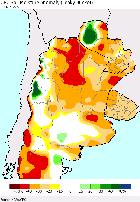 Southern South America CPC Soil Moisture Anomaly (Leaky Bucket) Thematic Map For 1/11/2022 - 1/15/2022