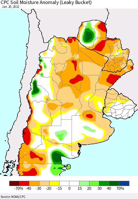 Southern South America CPC Soil Moisture Anomaly (Leaky Bucket) Thematic Map For 1/16/2022 - 1/20/2022