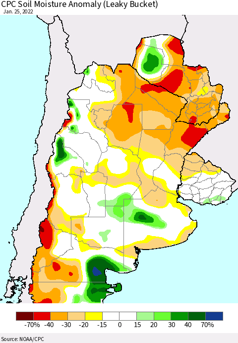 Southern South America CPC Soil Moisture Anomaly (Leaky Bucket) Thematic Map For 1/21/2022 - 1/25/2022