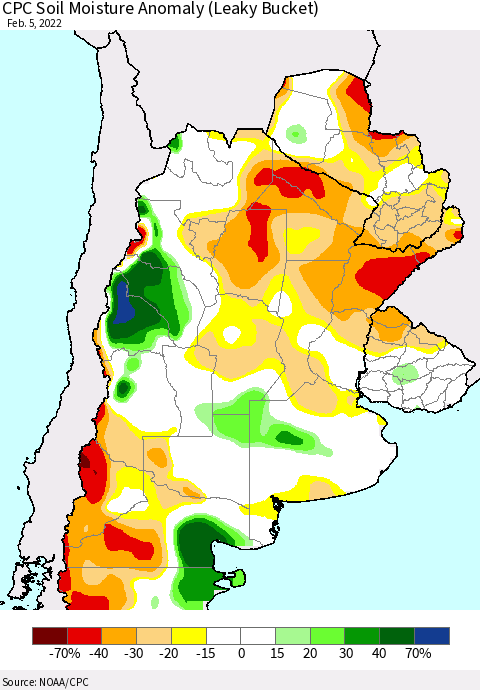 Southern South America CPC Soil Moisture Anomaly (Leaky Bucket) Thematic Map For 2/1/2022 - 2/5/2022