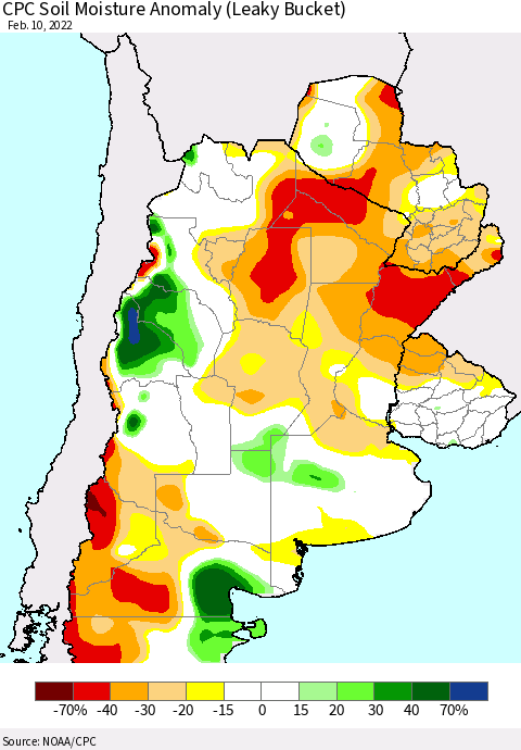 Southern South America CPC Soil Moisture Anomaly (Leaky Bucket) Thematic Map For 2/6/2022 - 2/10/2022