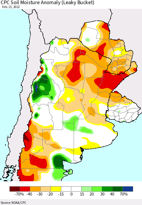 Southern South America CPC Soil Moisture Anomaly (Leaky Bucket) Thematic Map For 2/11/2022 - 2/15/2022