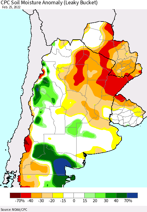 Southern South America CPC Soil Moisture Anomaly (Leaky Bucket) Thematic Map For 2/21/2022 - 2/25/2022
