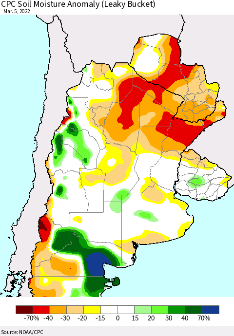 Southern South America CPC Soil Moisture Anomaly (Leaky Bucket) Thematic Map For 3/1/2022 - 3/5/2022
