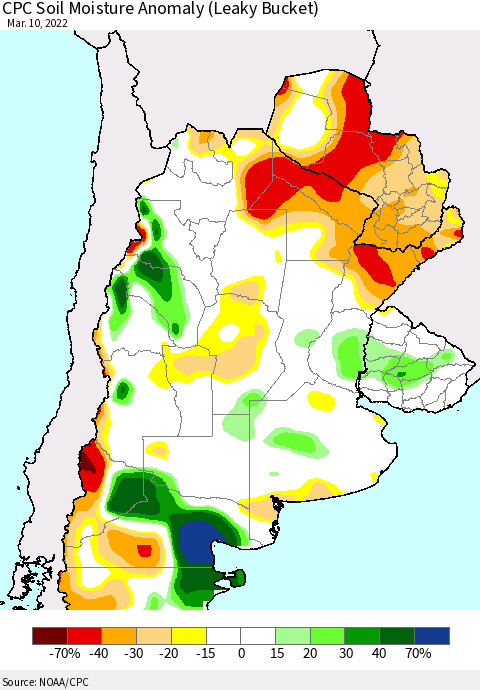 Southern South America CPC Soil Moisture Anomaly (Leaky Bucket) Thematic Map For 3/6/2022 - 3/10/2022