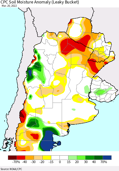 Southern South America CPC Soil Moisture Anomaly (Leaky Bucket) Thematic Map For 3/16/2022 - 3/20/2022