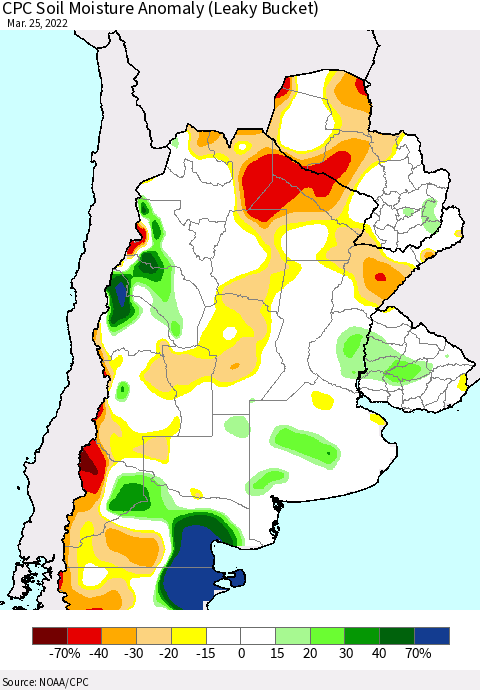 Southern South America CPC Soil Moisture Anomaly (Leaky Bucket) Thematic Map For 3/21/2022 - 3/25/2022