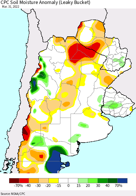 Southern South America CPC Soil Moisture Anomaly (Leaky Bucket) Thematic Map For 3/26/2022 - 3/31/2022