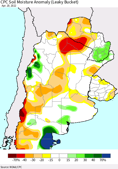 Southern South America CPC Soil Moisture Anomaly (Leaky Bucket) Thematic Map For 4/16/2022 - 4/20/2022