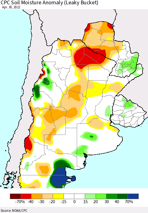 Southern South America CPC Soil Moisture Anomaly (Leaky Bucket) Thematic Map For 4/26/2022 - 4/30/2022