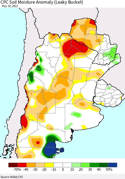 Southern South America CPC Soil Moisture Anomaly (Leaky Bucket) Thematic Map For 5/6/2022 - 5/10/2022